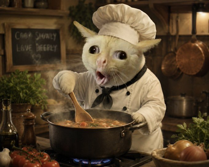 Coughing Cat dressed as a chef