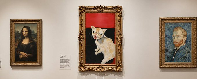 Coughing Cat portrait hanging in a museum between famous paintings