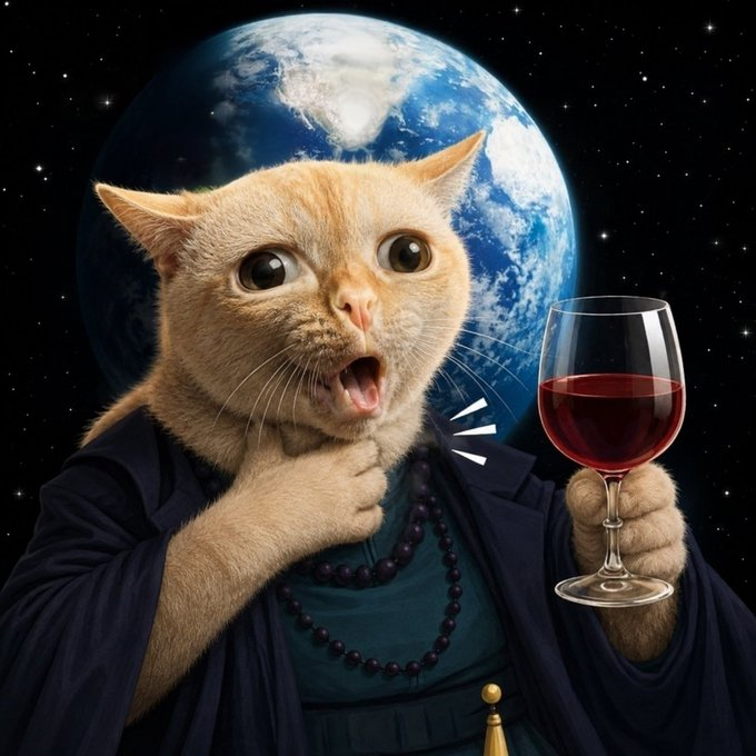 Coughing Cat holding wine in space